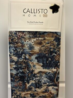 Callisto Home Set of 2 Room Darkening Curtains 38x96 Blue Botanical Luxury New